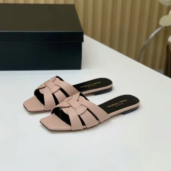 Saint Laurent Nude Leather Tribute Flat Sandals - Picture 2 of 5